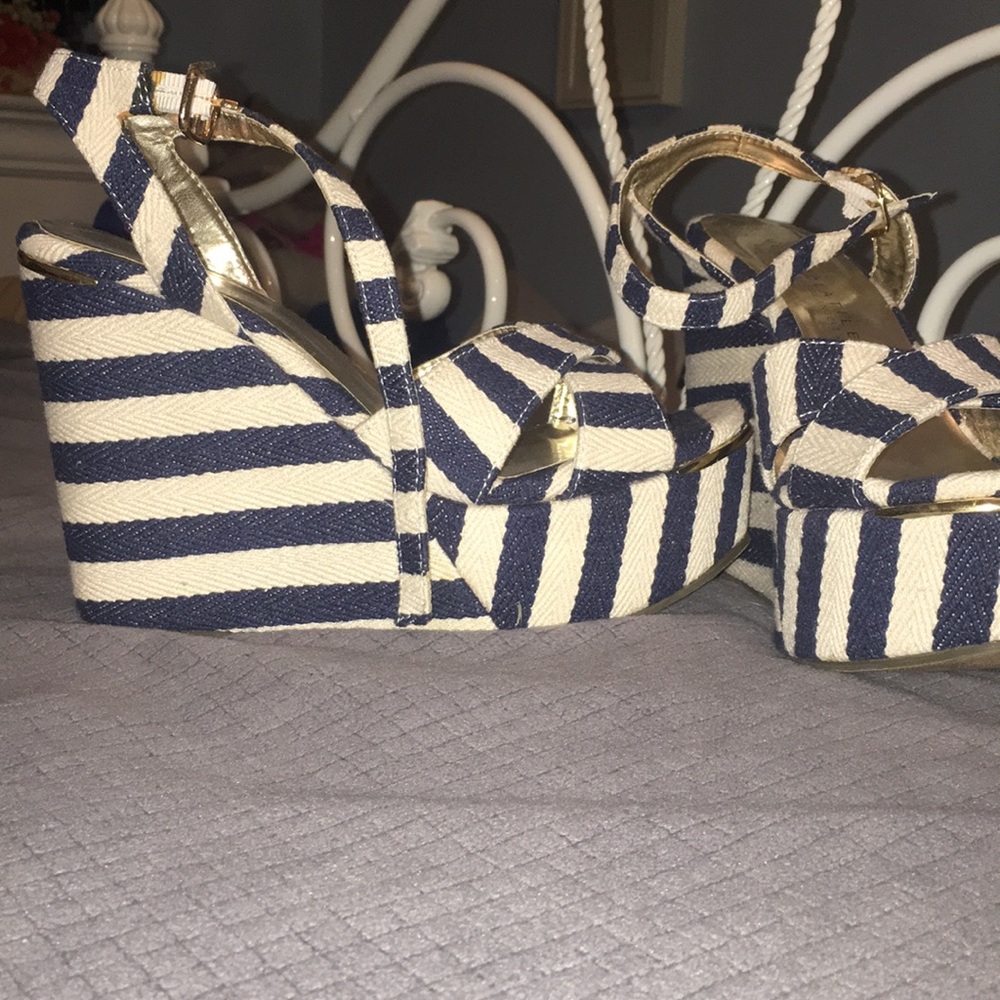 Navy blue and white striped wedges. Hardly worn!